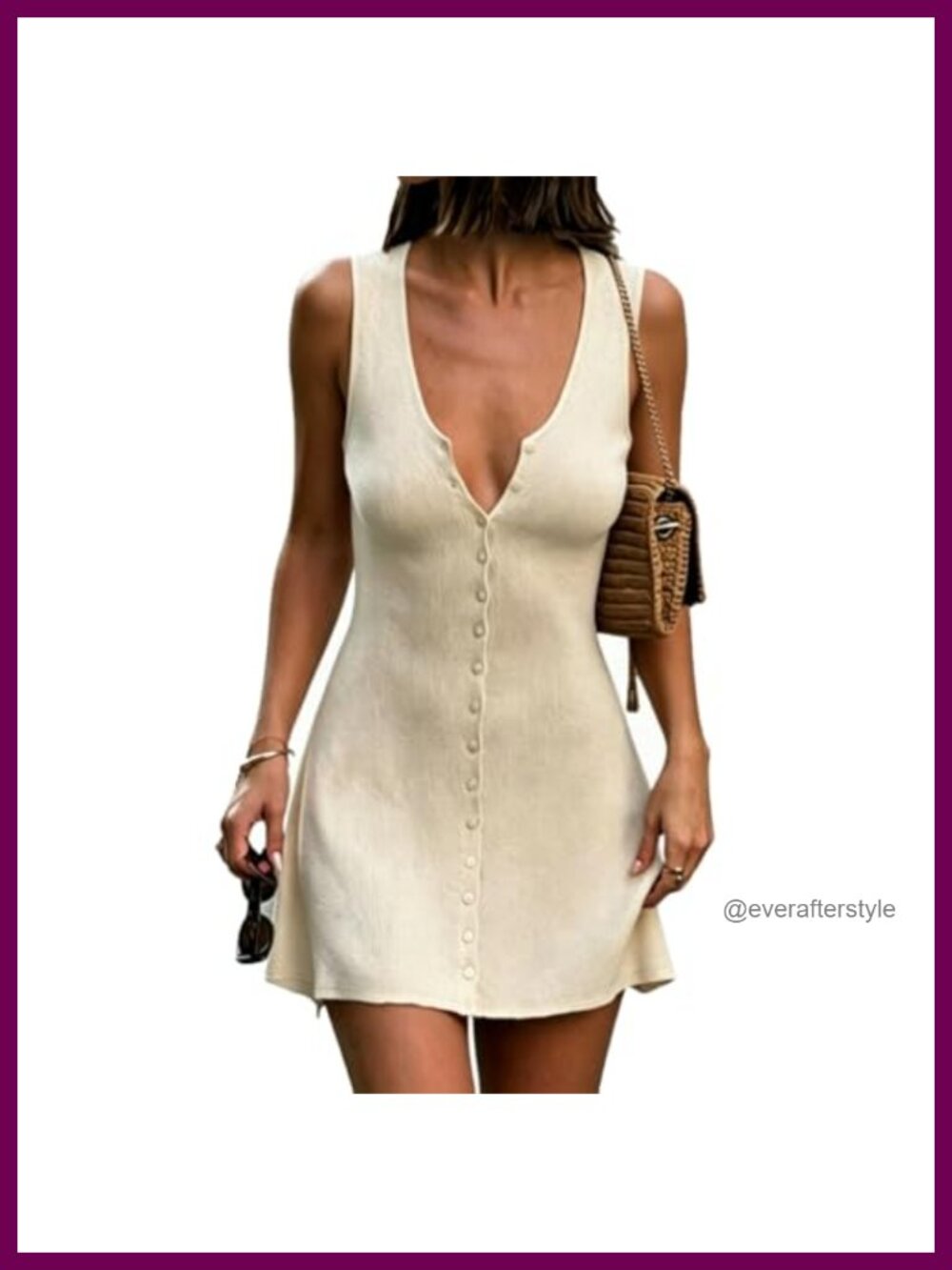 Knitted Button Down Deep V Neck Mini Tank Dress Sleeveless Slim Fit